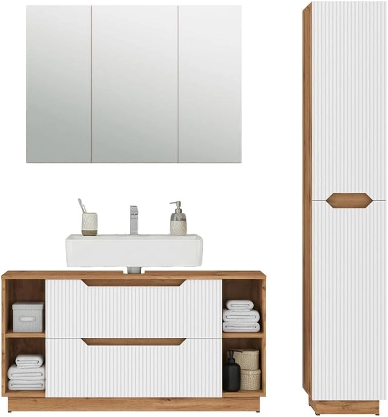 Set di mobili da bagno Lotta, Rovere/bianco a strisce, 3 parti