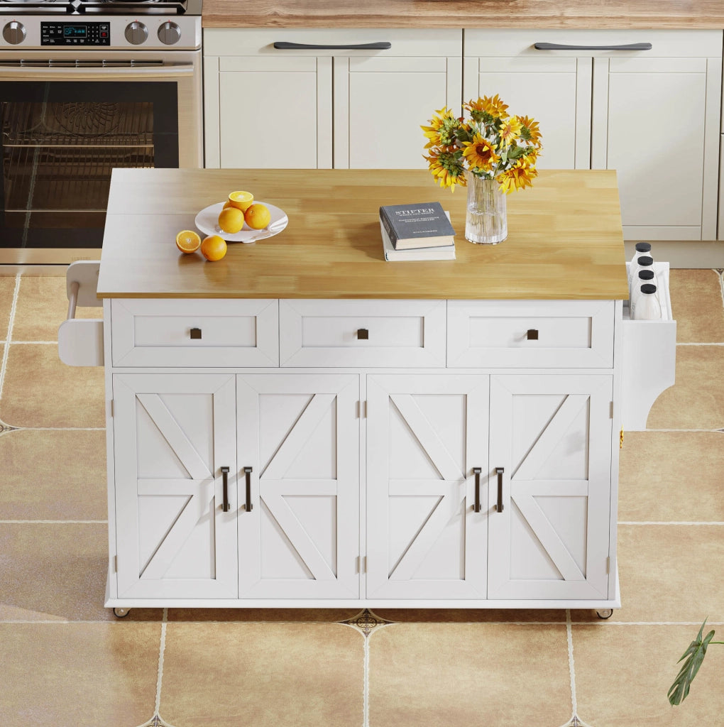 Isola da cucina 140x43(70)x90.5 cm con piano pieghevole; 4 ante e 3 cassetti in MDF bianco e naturale