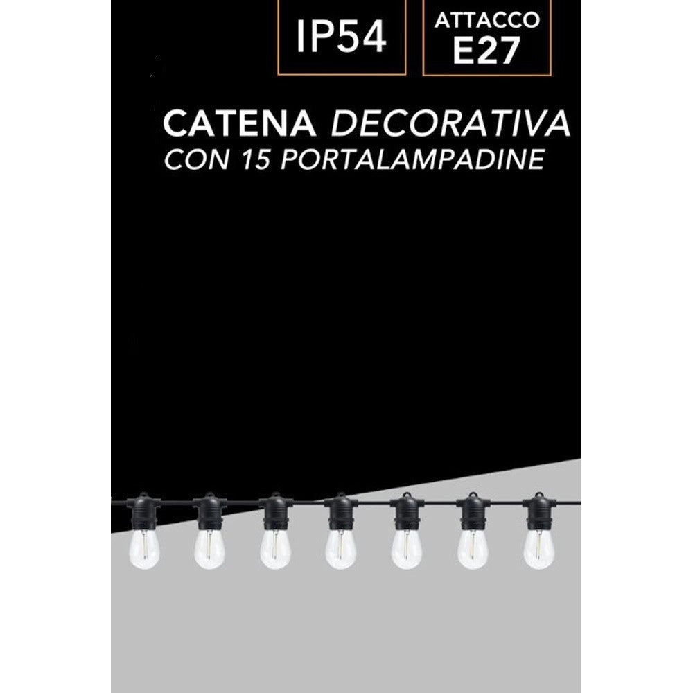 Trade Shop - Catena Luminosa Con 15 Portalampada E27 Luci Decorative Prolungabile Ip54 P01-s01-15 - Nero