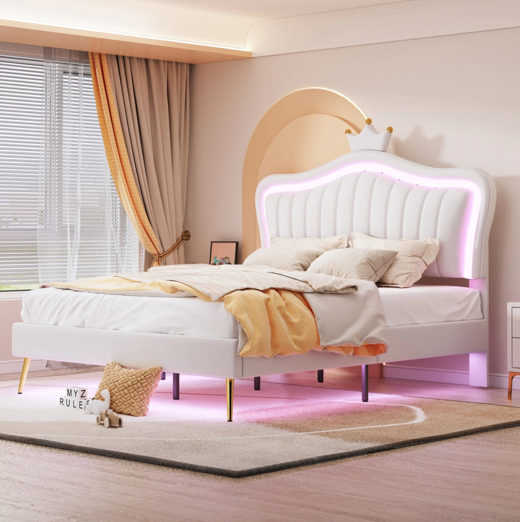 Letto per bambini 140x200 cm con luci LED; imbottito in PU; bianco (Senza materasso)