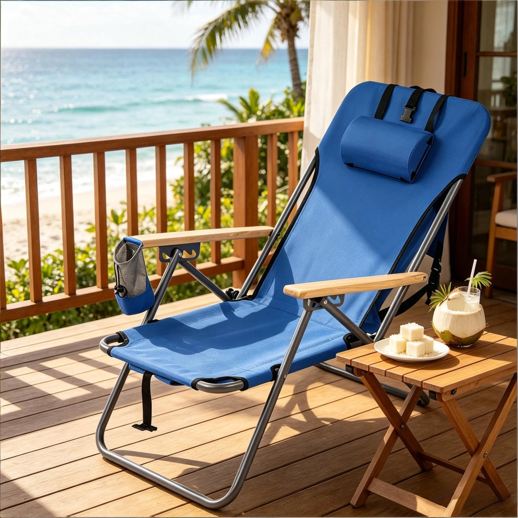 Sedia pieghevole da esterno blu con schienale reclinabile in 4 posizioni e design zaino