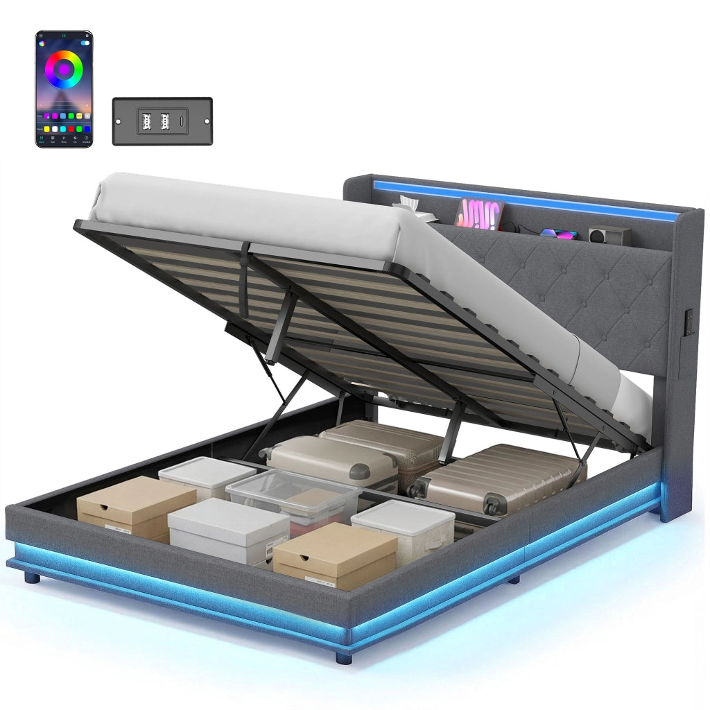 Letto contenitore imbottito con testiera e luce LED ¨C zephmum ¨C 140x190 cm grigio con contenitore idraulico