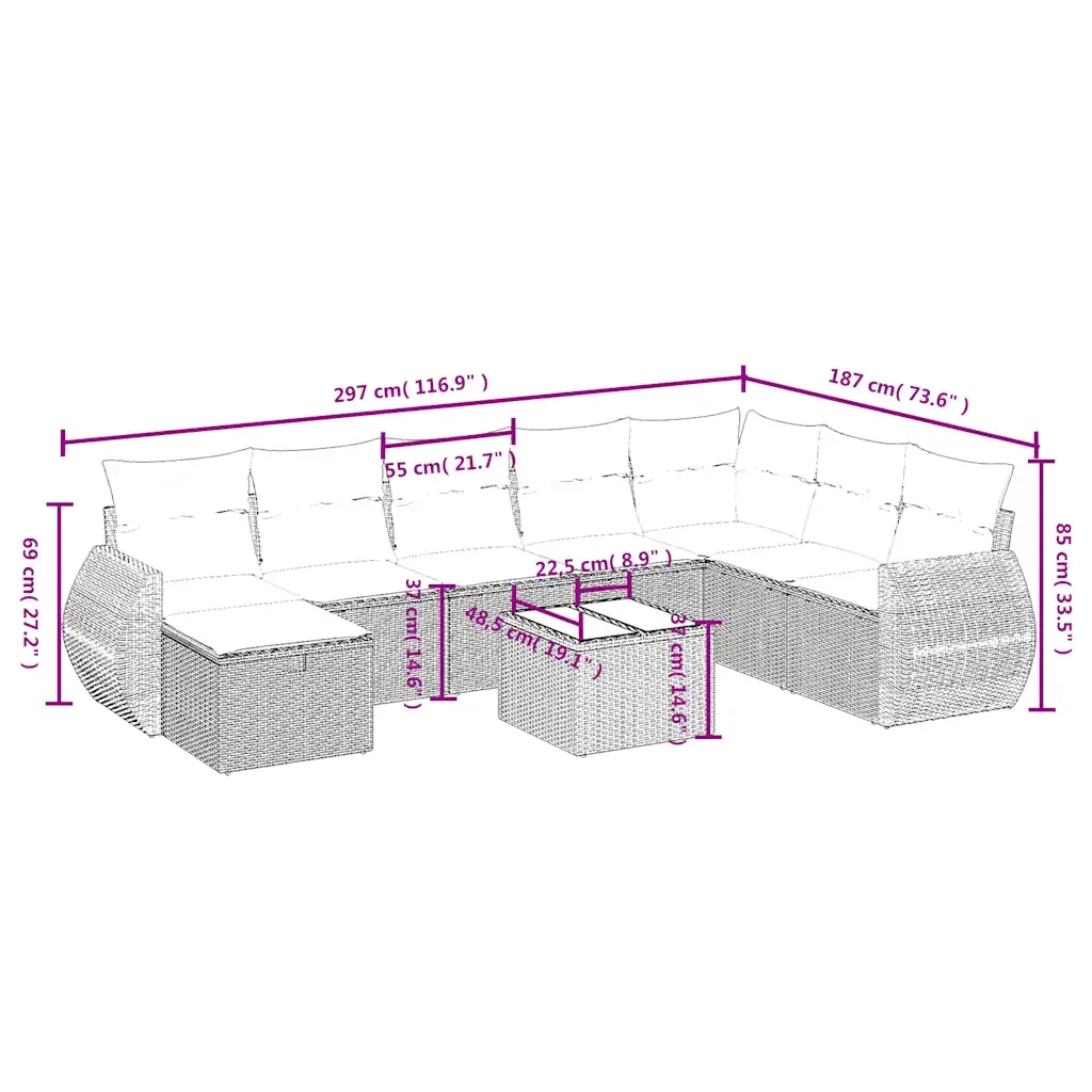 Set Divano da Giardino 9 pz con Cuscini Grigio in Polyrattan 3264216