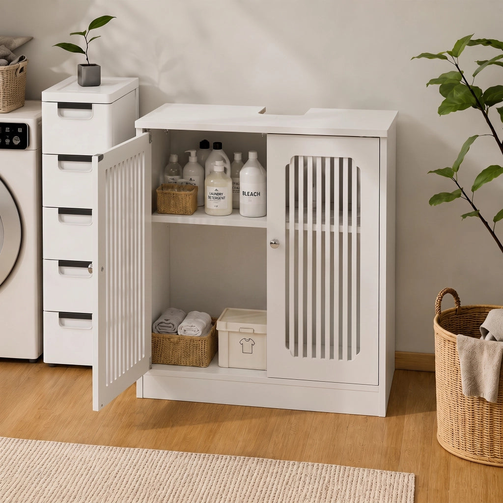 Mobile sottolavabo con 2 ante a lamelle e ripiano, in truciolato, per bagno e lavanderia, bianco, 70 × 35,3 × 14,5 cm