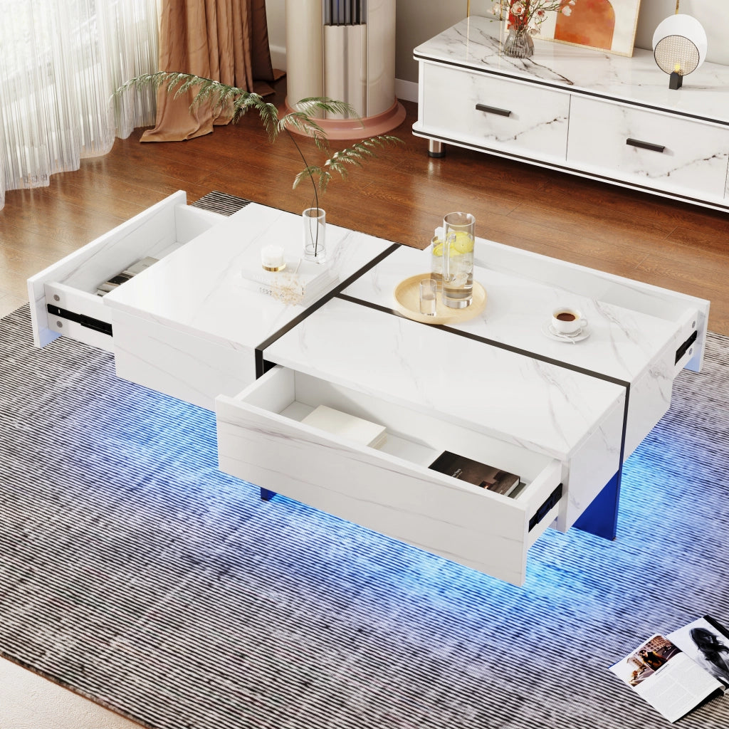 OKWISH Tavolino da Salotto Effetto Marmo Lucido con 3 Cassetti e LED controllato tramite applicazione, 100×50×34,5 cm