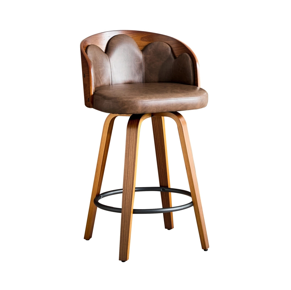 Set di 2 sgabelli da bar 89 cm in legno e PU marrone, schienale floreale
