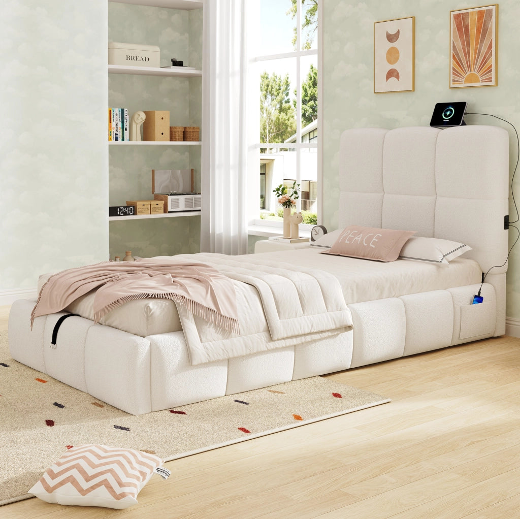 Letto singolo 90x200 cm con contenitore idraulico; USB C; tessuto bouclé beige
