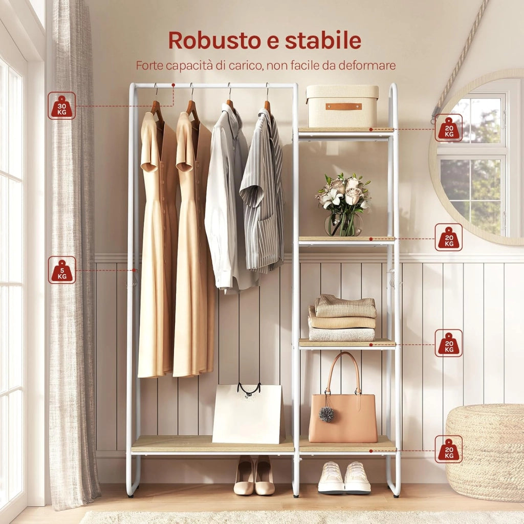 Stand Appendiabiti con Barra, Armadio Aperto con Scarpiera, 4 Ripiani, 6 Ganci Rimovibili, per Camera da Letto, Ingresso, 100x40x152 cm, in Metallo e Legno, Rovere Chiaro + Bianco
