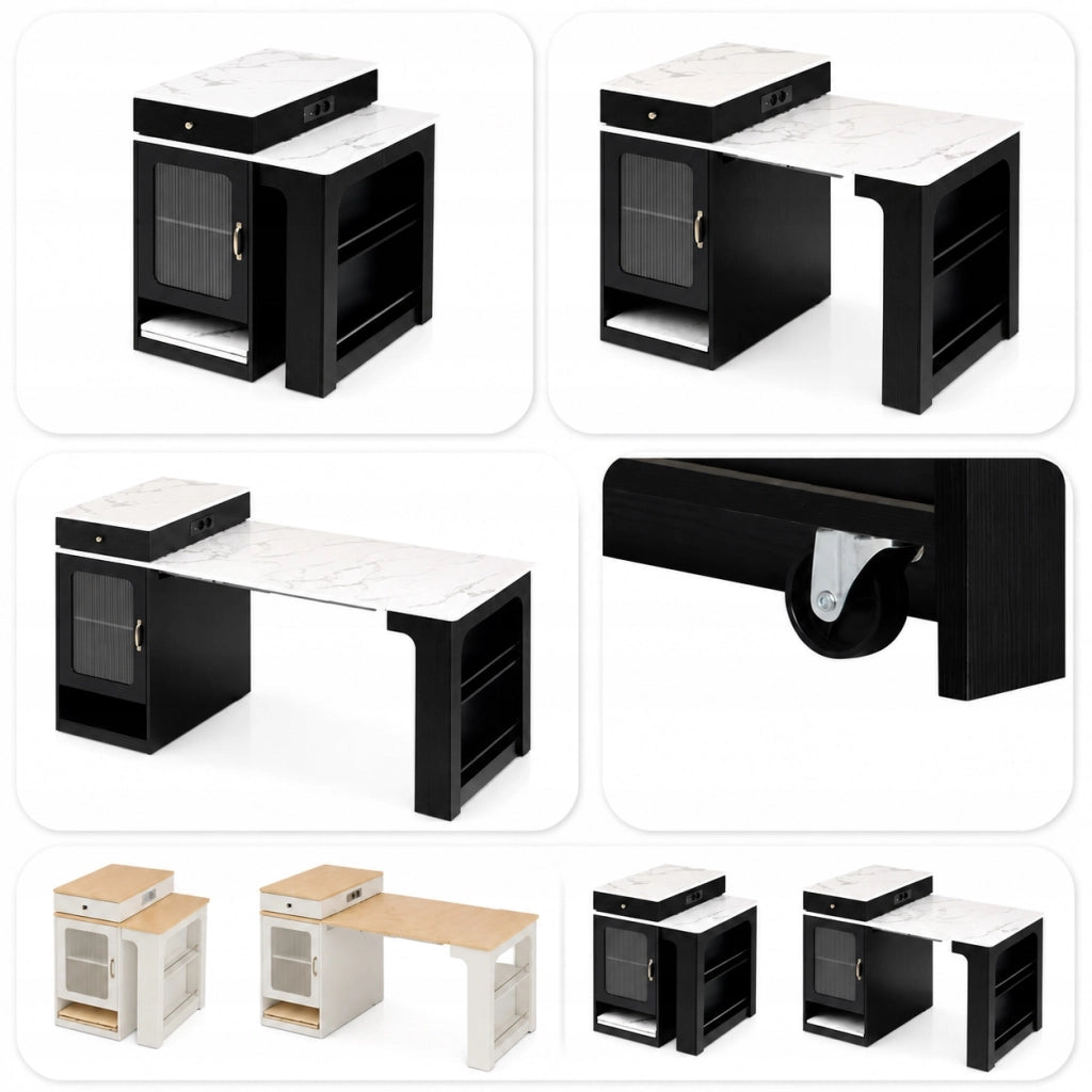 Isola da Cucina con Ruote 80x151x92 cm; Tavolo Estensibile con Prese Elettriche; Mobile Multiuso Nero e Bianco