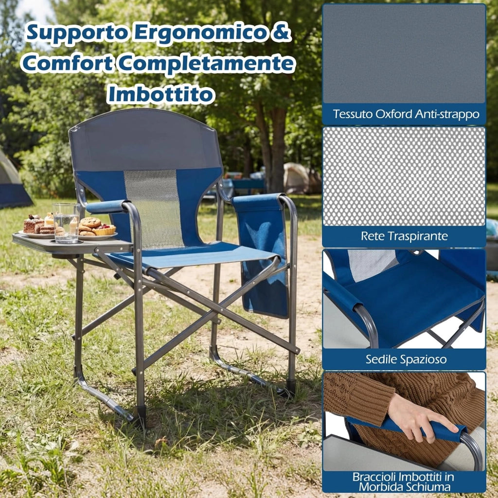 Sedia da Campeggio Pieghevole, Sedia da Regista con Tavolino Laterale, Portabicchieri e Tasca Portaoggetti, Portata 180 kg, Poltrona da Esterno per Spiaggia, Pesca e Picnic (Blu)