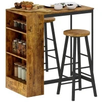 Set da Pranzo con Bancone Bar con 3 Ripiani e 2 Sgabelli Alti con Poggiapiedi Stile Industriale, Marrone