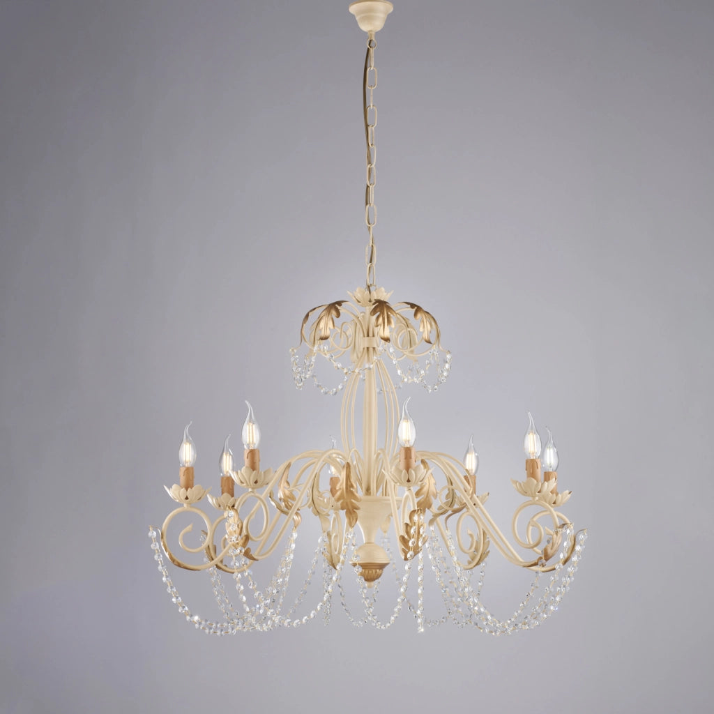 Lampadario in ferro laccato avorio con decorazione effetto decapè e rifiniture oro antico con strass in cristallo 8 luci