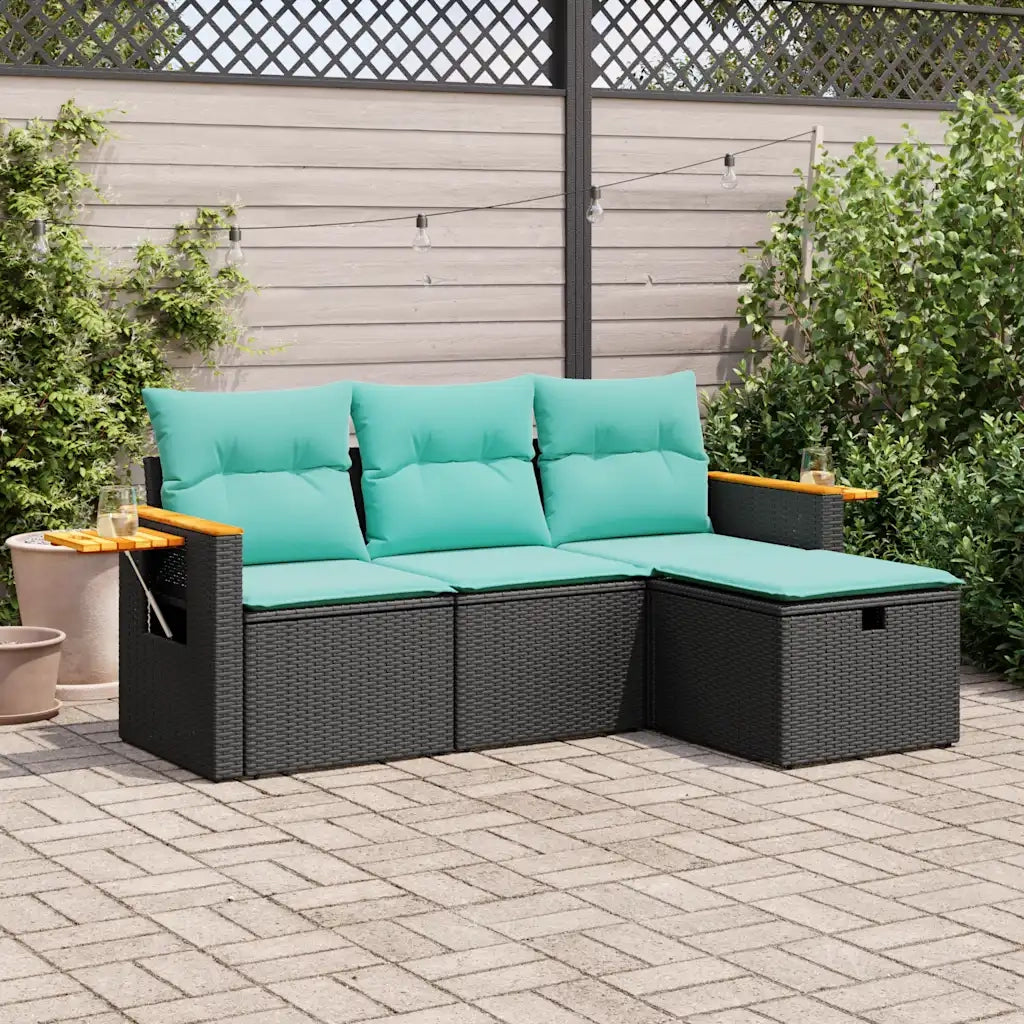 Set Divani da Giardino 4 pz con Cuscini Nero in Polyrattan