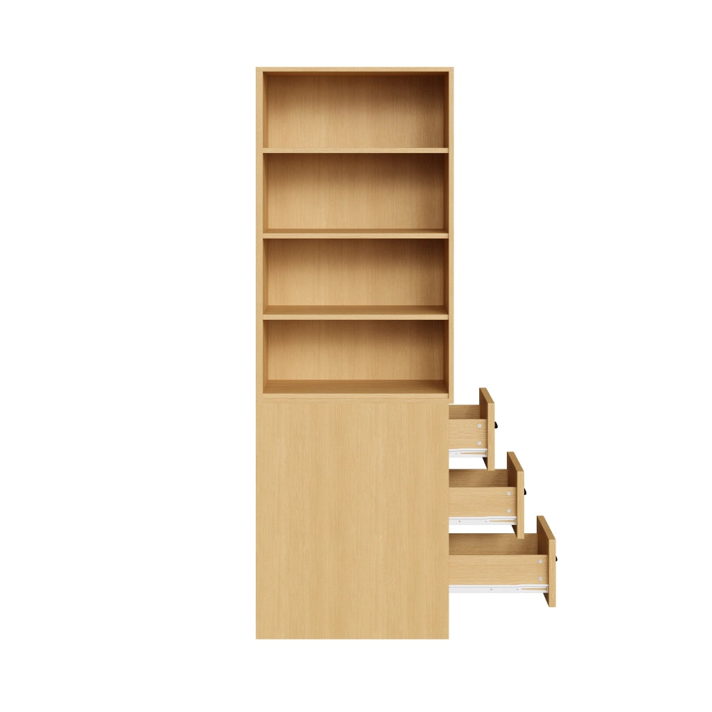 Libreria alta slim 180 cm con cassetti laterali, ripiani regolabili, colore rovere, per spazi piccoli
