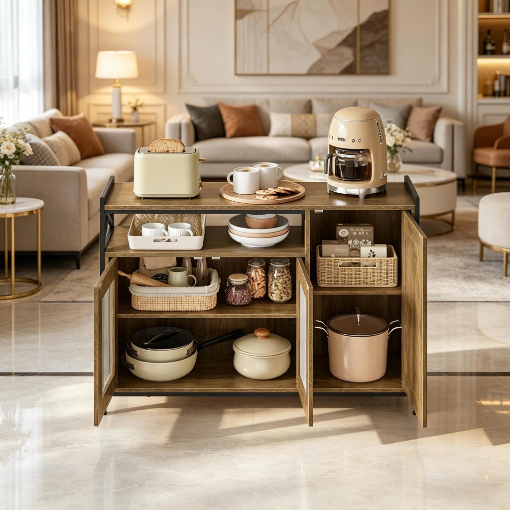 Credenza e madia con vano aperto e 2 ante, per cucina e soggiorno, in legno e metallo, marrone, 110 × 33 × 75 cm