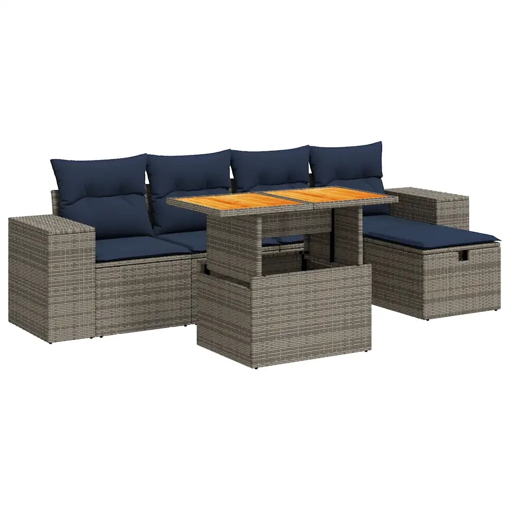 Set Divano da Giardino 6 pz con Cuscini Nero Polyrattan Acacia 3328083