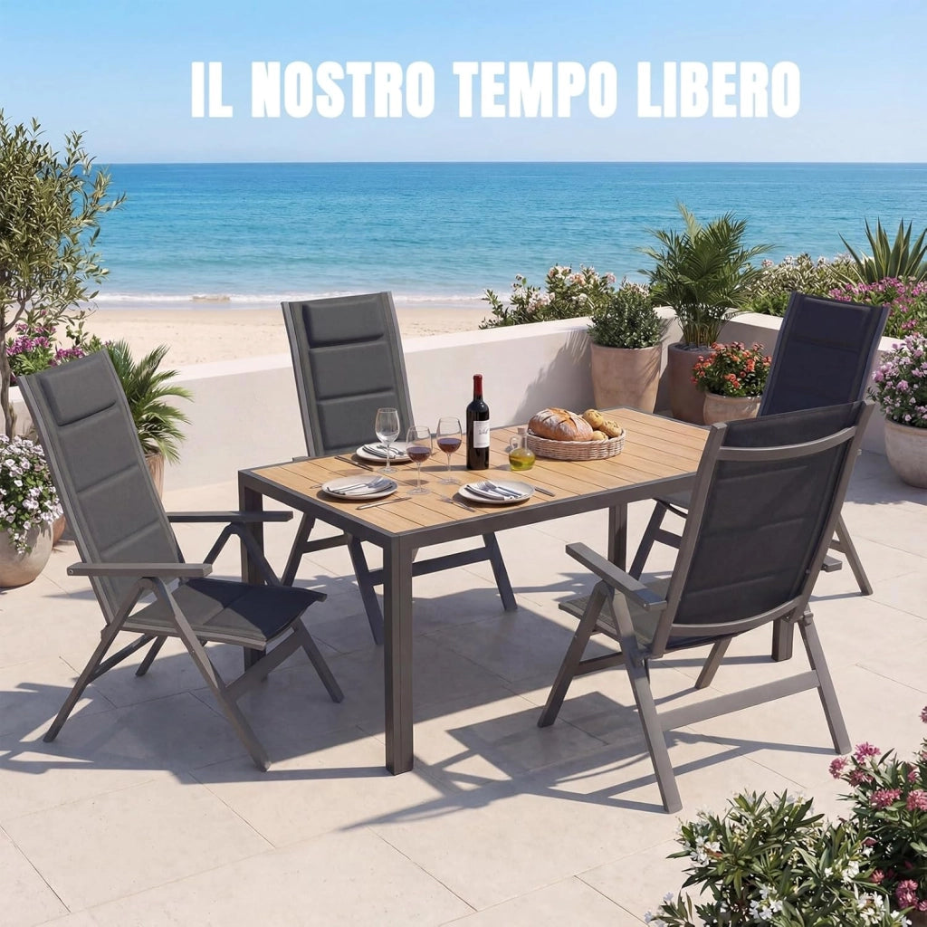 Set Tavolo e Sedie da Giardino 5 Pezzi, Composto da Tavolo 150 cm in Alluminio e 4 Sedie Pieghevoli, Tavolo da Giardino con Finitura a Vena di Legno con Sedie da Terrazza, Balcone, Naturale