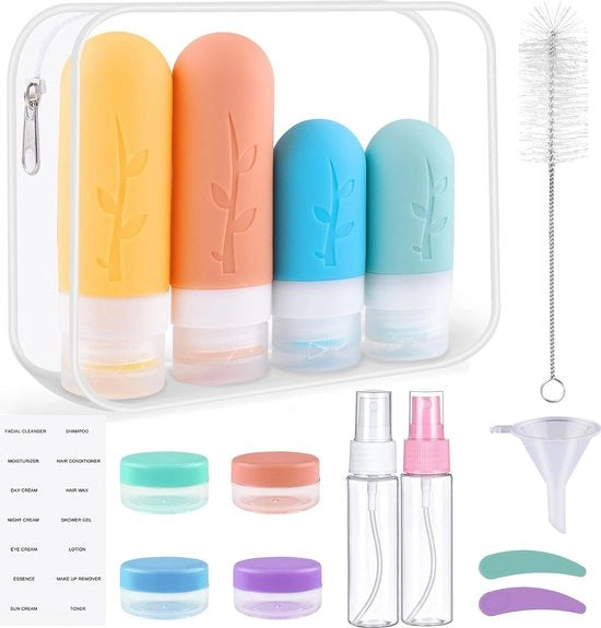 Set di flaconi di silicone, 16 pezzi, set di flaconi di silicone per viaggio, flaconi di viaggio senza perdite e contenitori di shampoo, BPA-free, set di flaconi di silicone per viaggio (rosa)