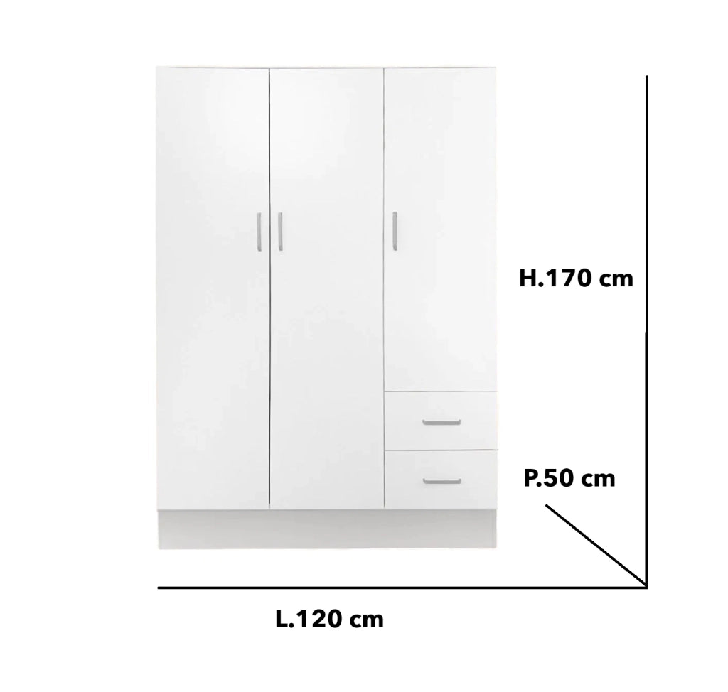Armadio Guardaroba 120x50x170 cm 3 ante e 2 cassetti, Legno Laminato Bianco per Mansarda, Cantina, Garage e Ripostiglio