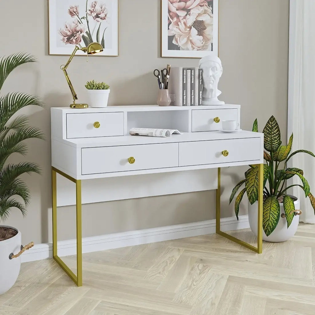 Consolle da ufficio design collezione DOUGLAS con quattro cassetti e uno scomparto, colore bianco, 120 x 95 x 50 cm