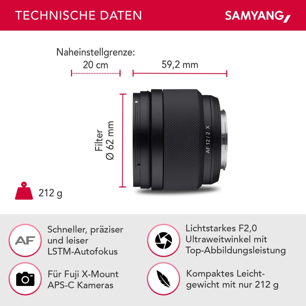 AF 12mm Obiettivo fotografico grandangolare per Fujifilm - apertura F2.0, autofocus APS-C a focale fissa Fuji X Mount X-T4 T3 X-T30 X-T20 X-E4 XE3 X-Pro 3 X-H1