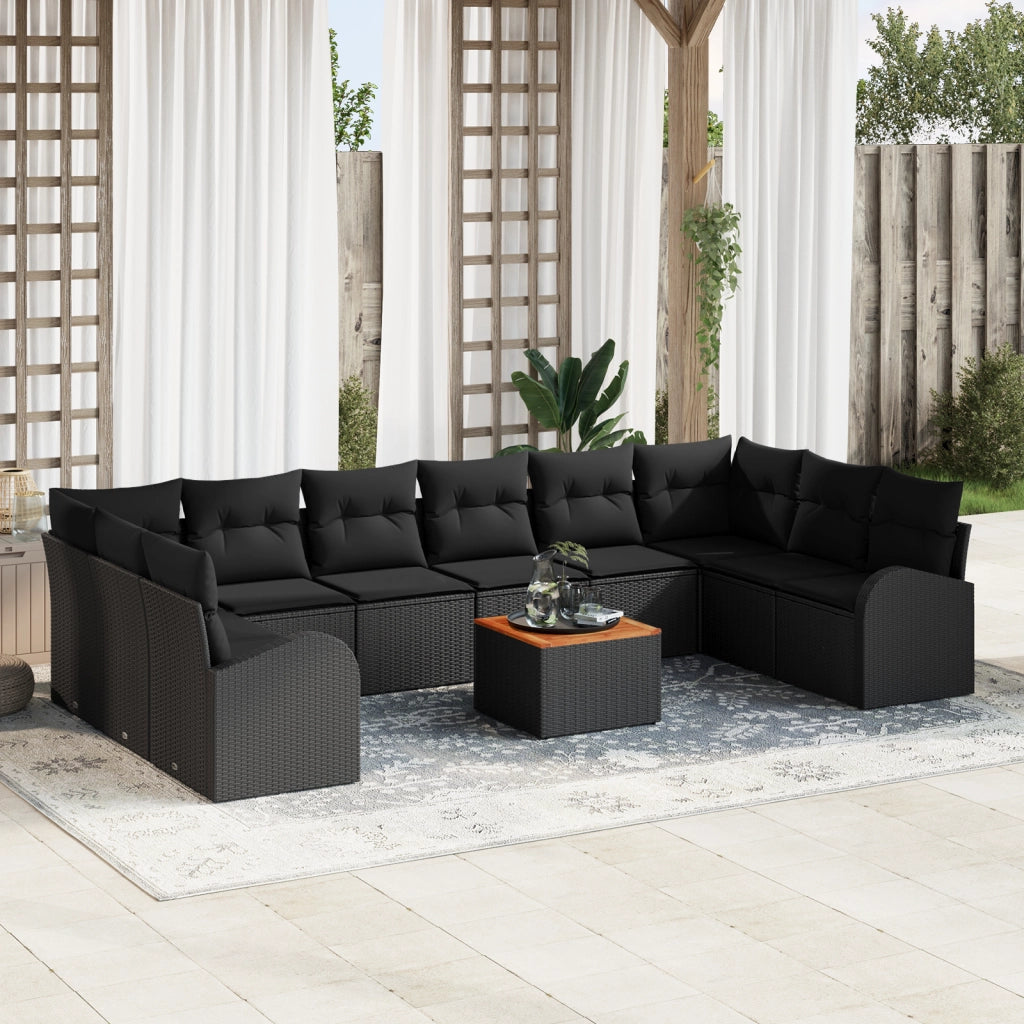 Set Divano da Giardino di 11 Pezzi con Cuscini Nero Polirattan Acacia