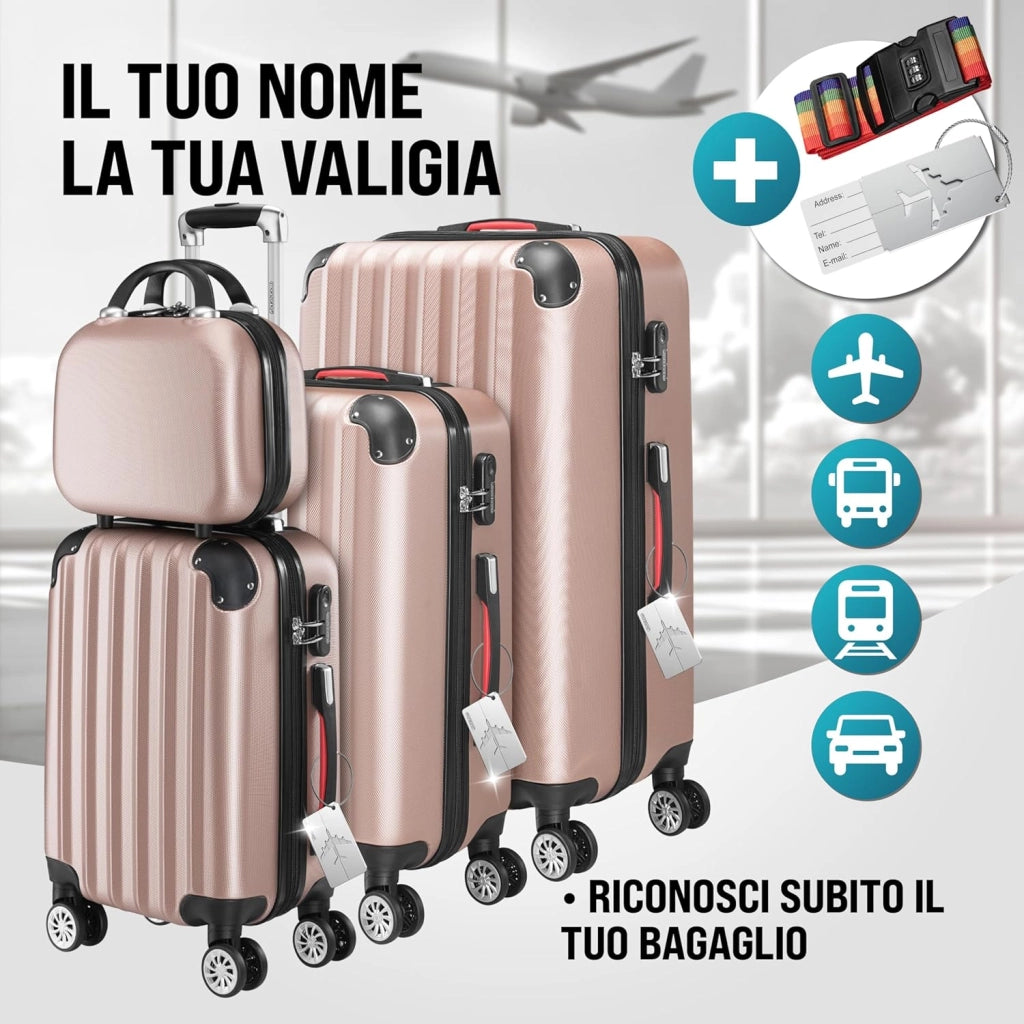 Set Valigie Rigide 4pz con Beauty Case incl. Lucchetto Organizer Bilancia Trolley Bagaglio Rosa