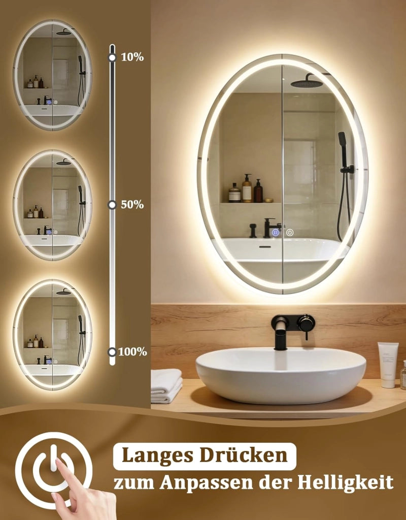 ZMH Specchio da bagno ovale con illuminazione LED 50x70 cm a parete IP44 touch antiappannamento dimmerabile 3000K-6500K