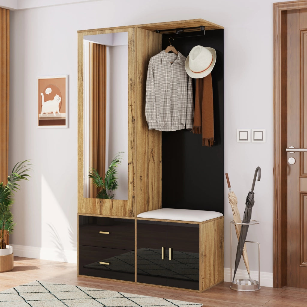 Mobile Ingresso con Specchio; Panca Scarpiera; 2 Ganci; Appendiabiti Estraibile; Lucido; Nero e Naturale; 100??38??180 cm