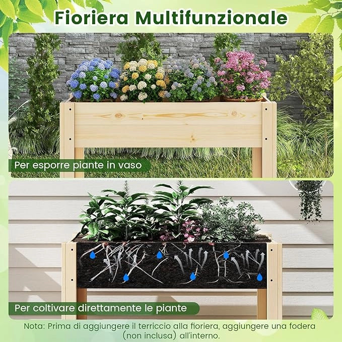 Letto da Giardino Rialzato in Legno, Fioriera Elevata con Ripiano, Drenaggio, Contenitore per Fiori, Erbe e Frutta, Scatola da Giardinaggio per Interno ed Esterno, 81x37x77CM