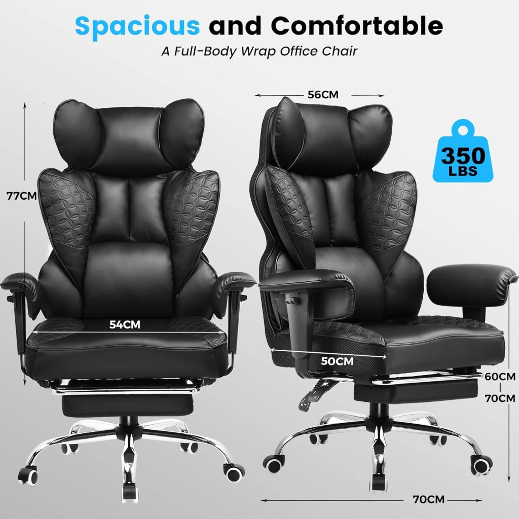 Sedia da ufficio grande e alta, sedia da gioco ergonomica larga 180 kg, con goffratura di lusso, pelle progettata con poggiapiedi, braccioli regolabili a 150°, tasca, molla