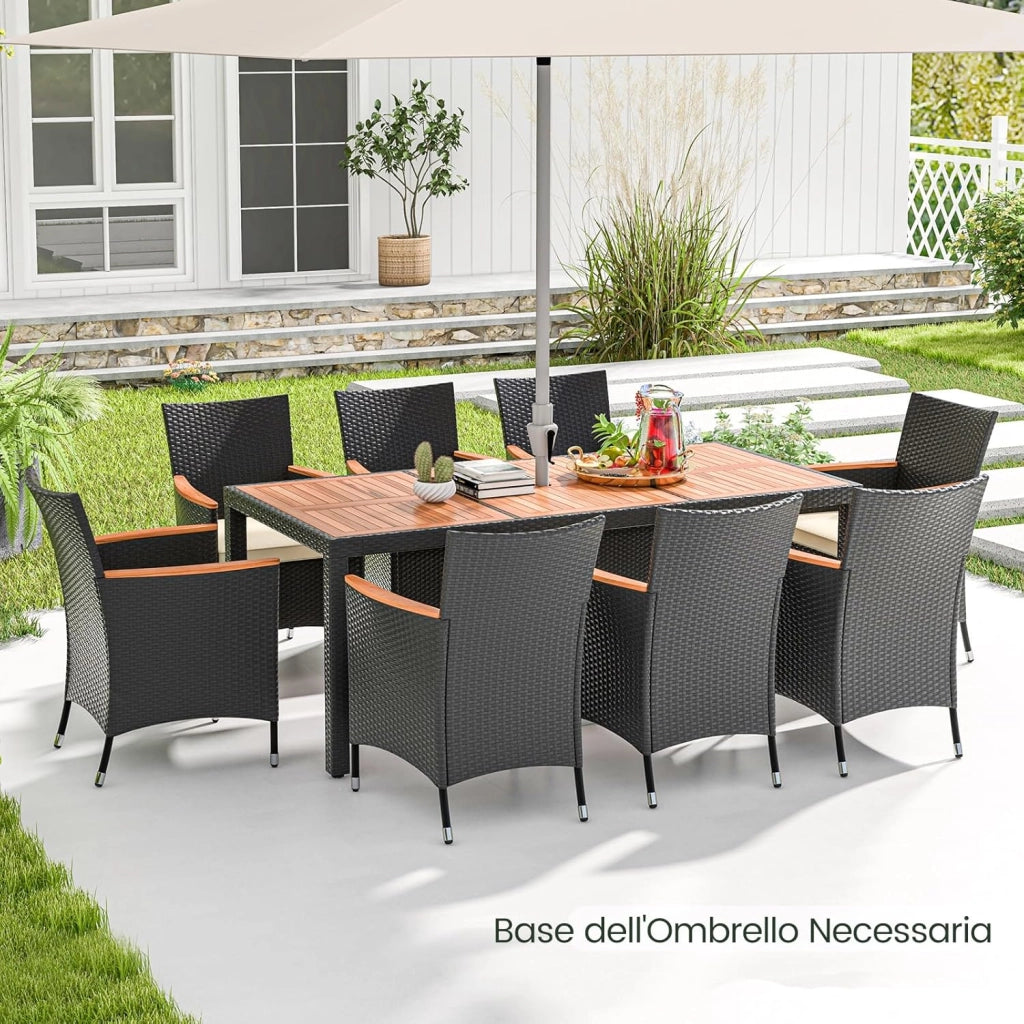 Set da Giardino 9 Pezzi in Rattan PE, Set Pranzo da Giardino con 1 Tavolo e 8 Sedie con Cuscini, Tavolo da Esterno con Piano in Legno di Acacia e Foro per Ombrellone, Naturale
