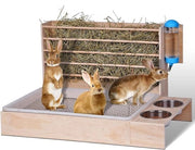 Dispensatore di cibo per coniglio 4 in 1 con gabbia per gatti, flacone d'acqua e ciotole per hamster - automa di cibo per coniglio e contenitore per il fieno per piccoli animali domestici