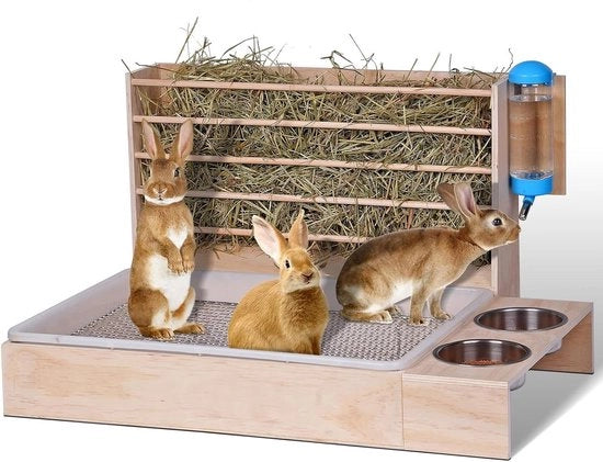 Dispensatore di cibo per coniglio 4 in 1 con gabbia per gatti, flacone d'acqua e ciotole per hamster - automa di cibo per coniglio e contenitore per il fieno per piccoli animali domestici