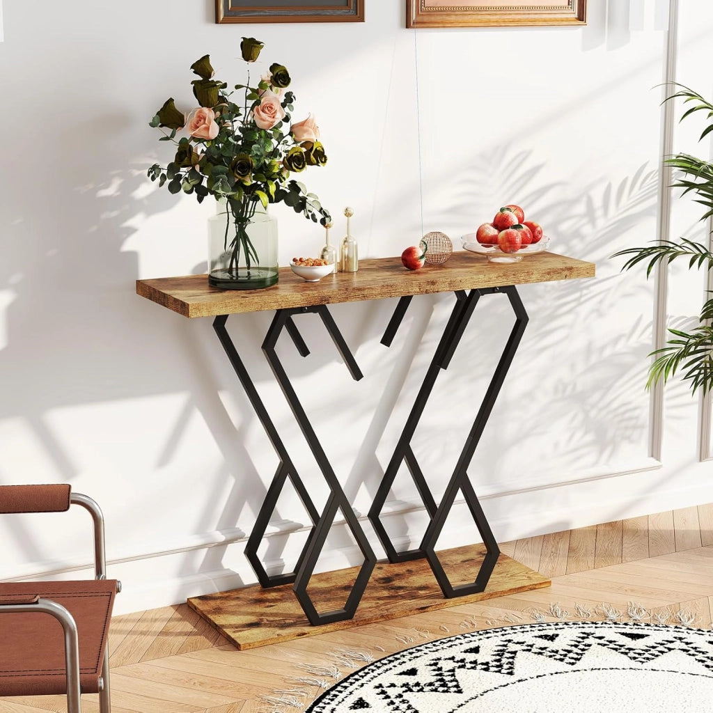 Tavolo Consolle 100cm, Tavolo d'Ingresso con Piedini Regolabili, Kit Antiribaltamento e Struttura in Metallo, Tavolino da Divano per Soggiorno, Ingresso e Corridoio (Marrone e Nero)