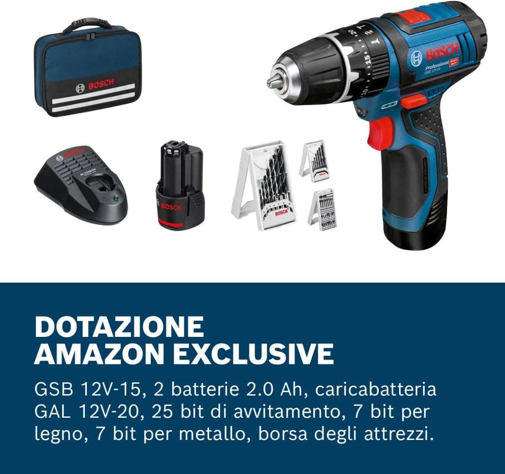 Bosch Professional 12V System Trapano-Avvitatore con Percussione a Batteria Gsb 12V-15, Batteria e Caricabatteria Non Include, in Scatola di Cartone