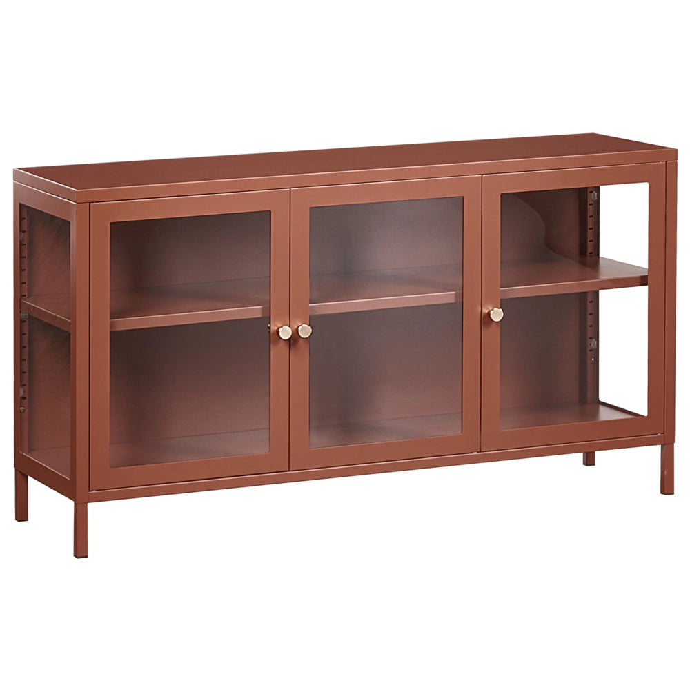 Credenza in acciaio con vetro temperato a 3 ante e ripiani regolabili marrone dorato arredi per il soggiorno dal design moderno.