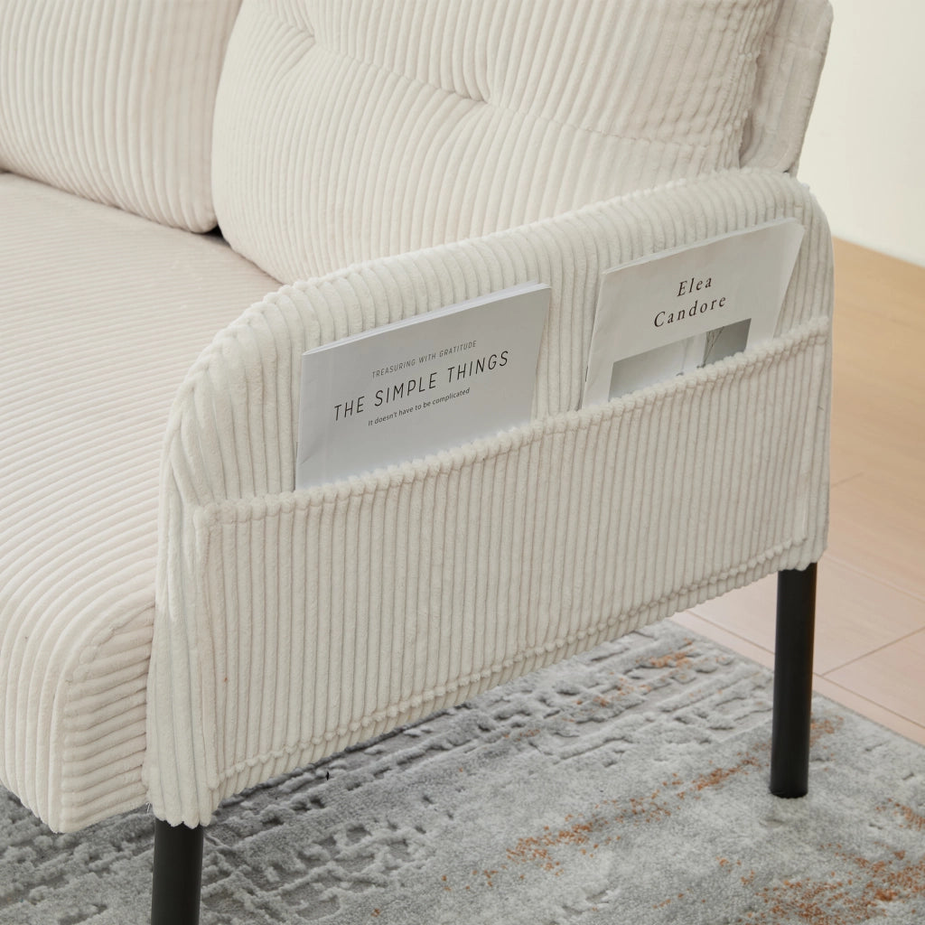 Divano a 3 posti in corduroy beige con schienale ergonomico, tasca laterale e struttura in metallo