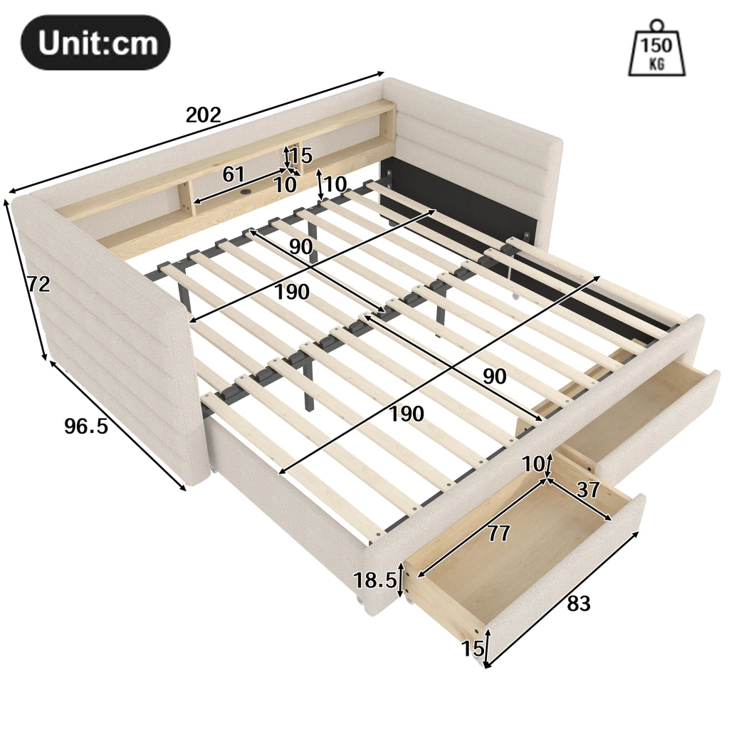 Letto estraibile singolo 90×190 cm con LED; USB; Type-C; 2 cassetti e vani; senza materasso; velluto beige