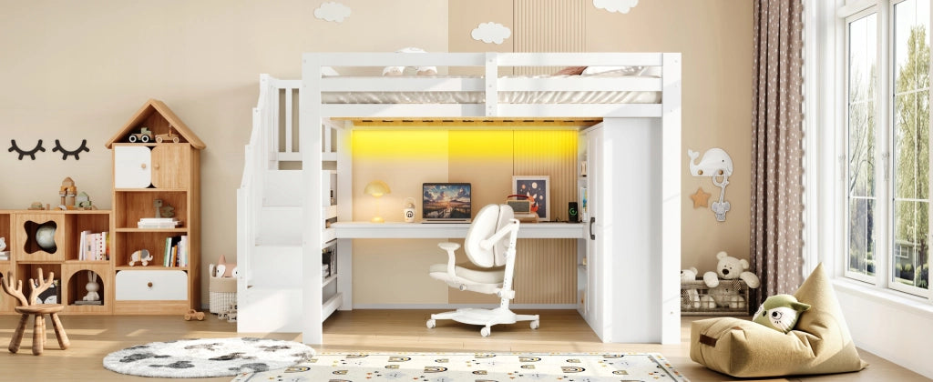 Letto a castello con scrivania e armadio - Xylo - 140x200 - Bianco - USB, LED