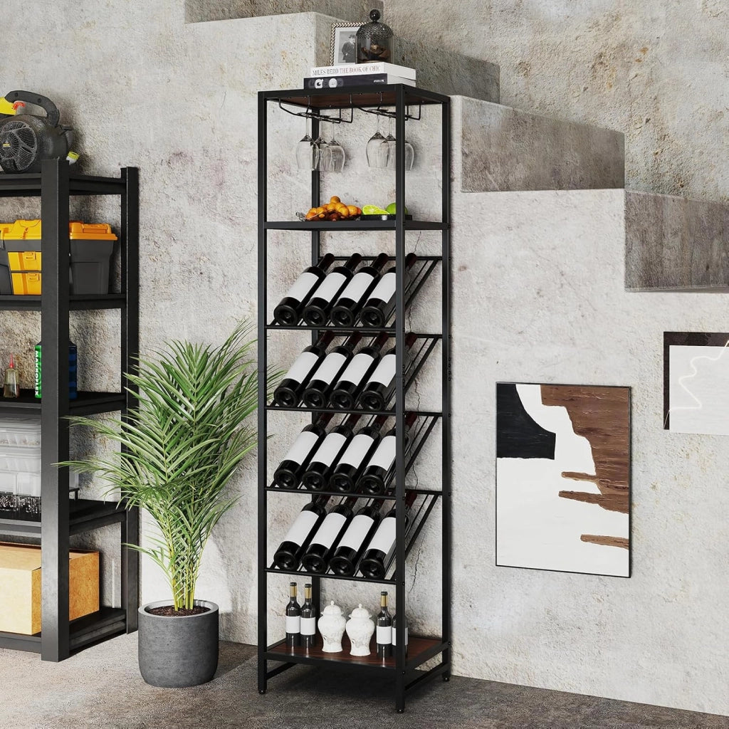 Portabottiglie da Terra a 7 Livelli, Cantinetta Portabottiglie di Vino con Portabicchieri e Piano d'Appoggio, per 16 Bottiglie, Scaffale Espositivo per Vino per Bar, Cucina e Sala da Pranzo