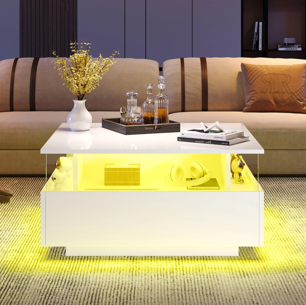 Tavolino da salotto moderno bianco 70x70x41 cm con LED; 2 cassetti e vano trasparente