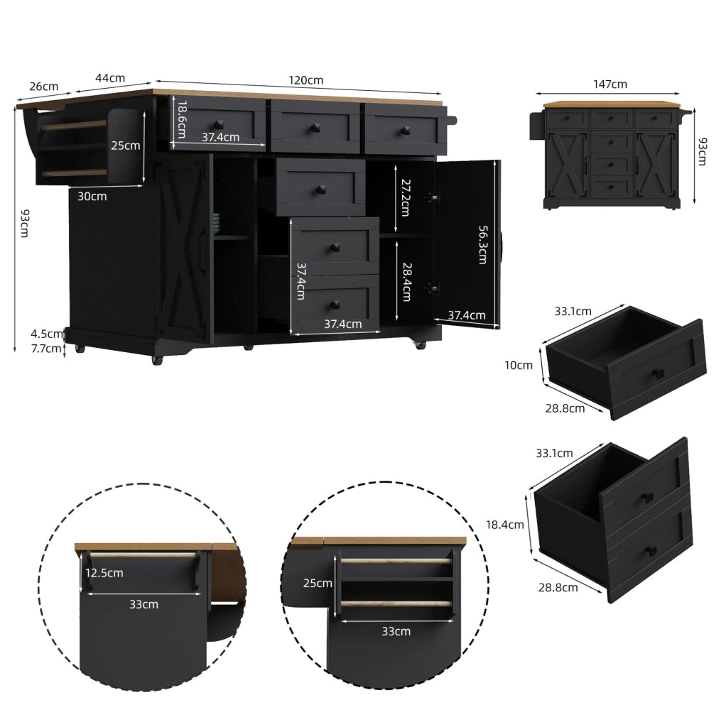 Carrello servitore pieghevole 147x70x93 cm; multifunzionale; in MDF e metallo nero