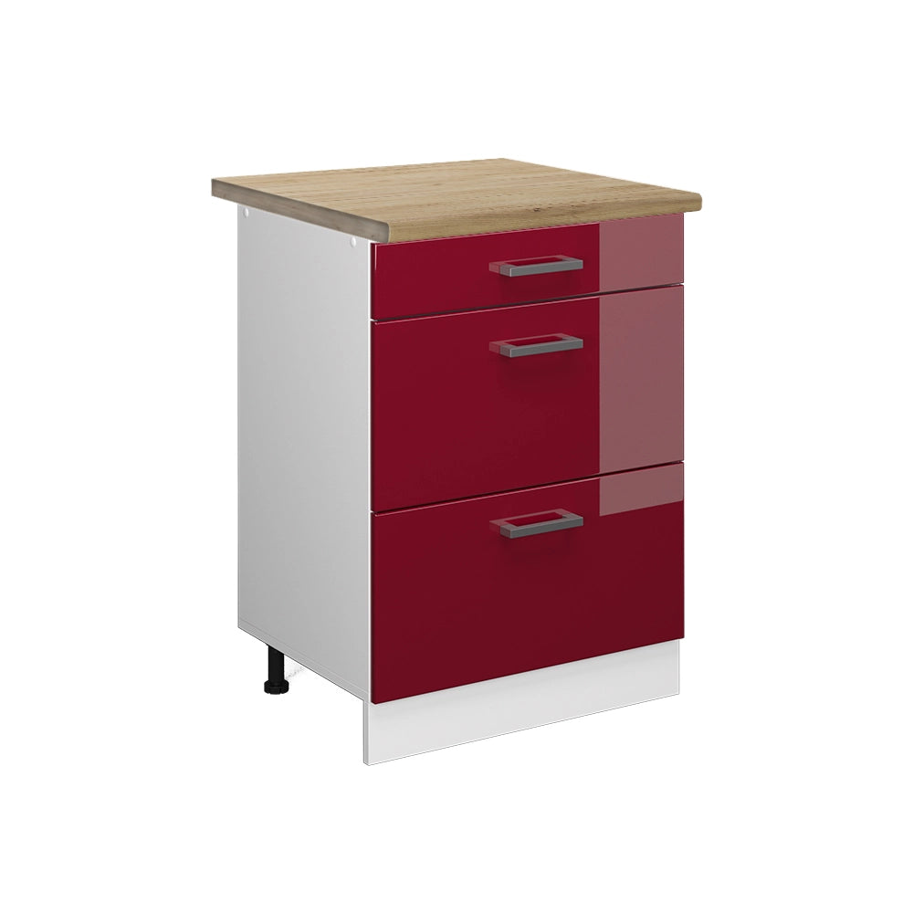 Vicco Mobiletto base per cucina Rosso lucido 60 cm con cassetti, PL Rovere