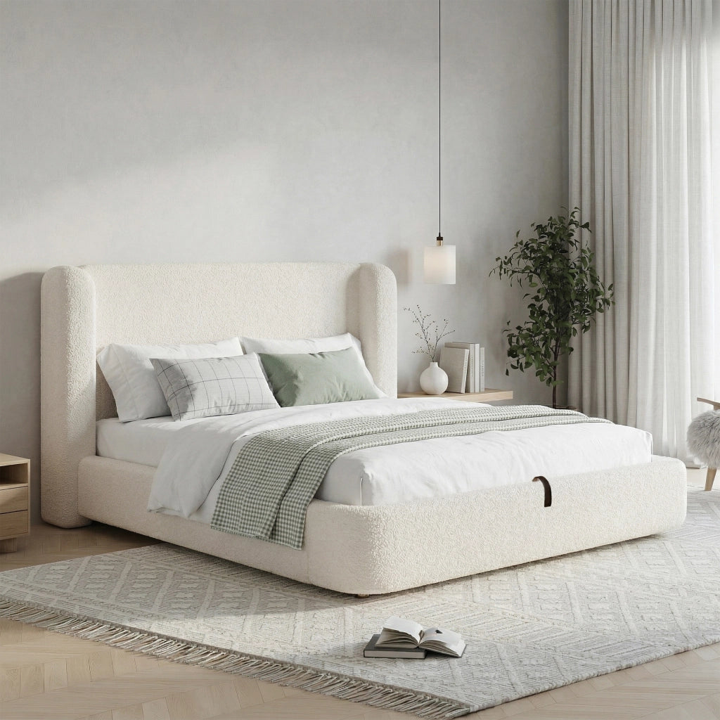 Letto imbottito con contenitore idraulico e testiera, 180x200 cm, bouclé beige