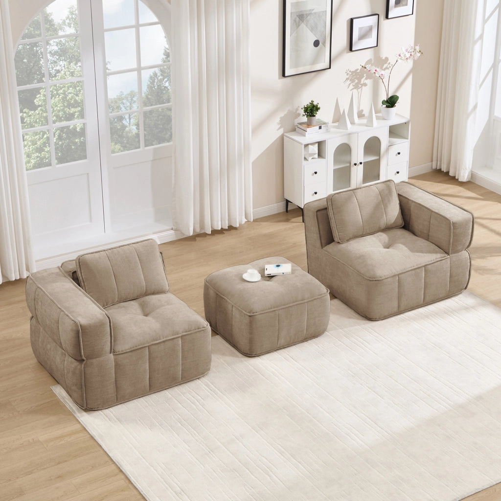 Divano modulare angolare con pouf 198x162x67 cm in poliestere color sabbia