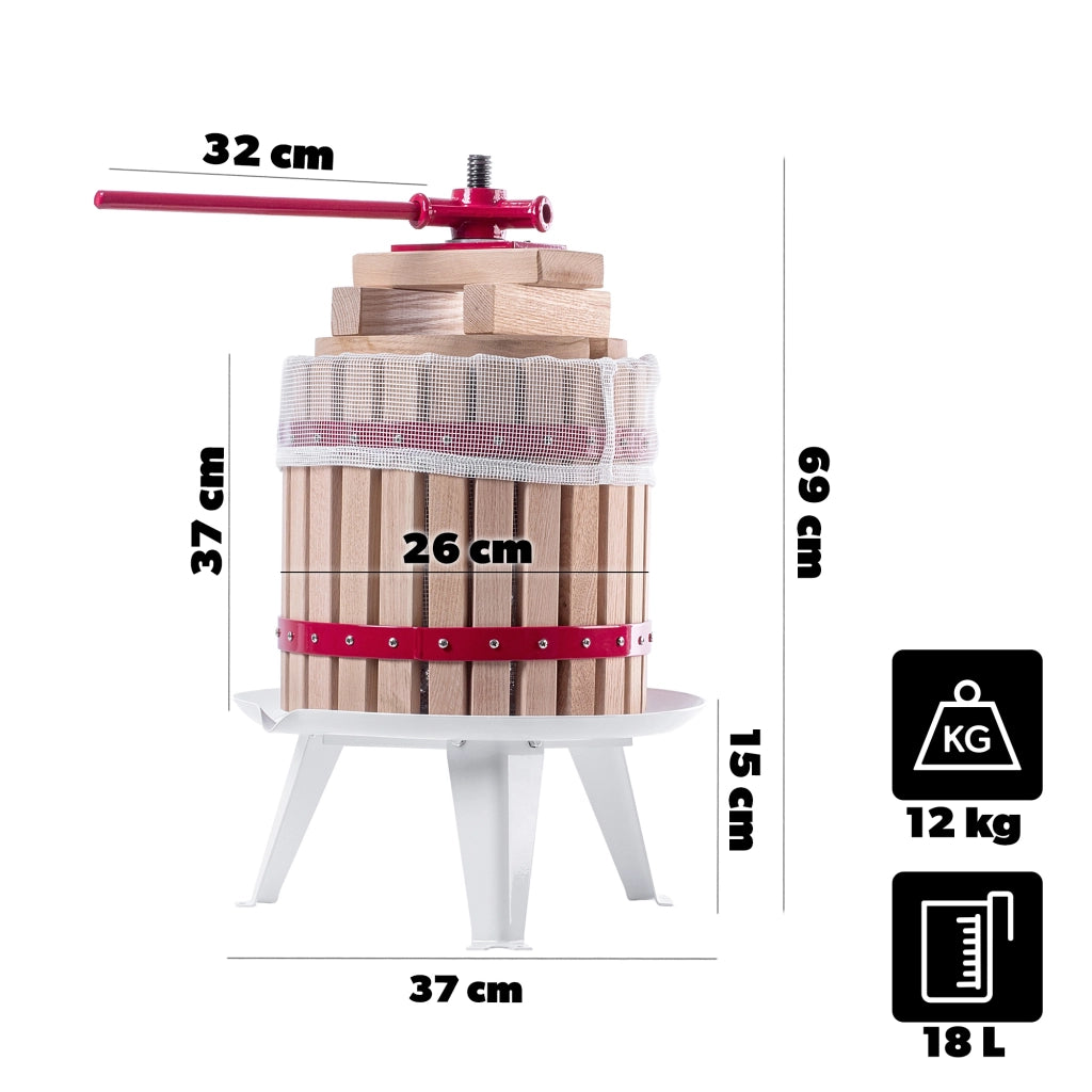 Pressa a vite manuale KADAX per frutta, succhi, vino e liquori, capacità 18 litri + borsa
