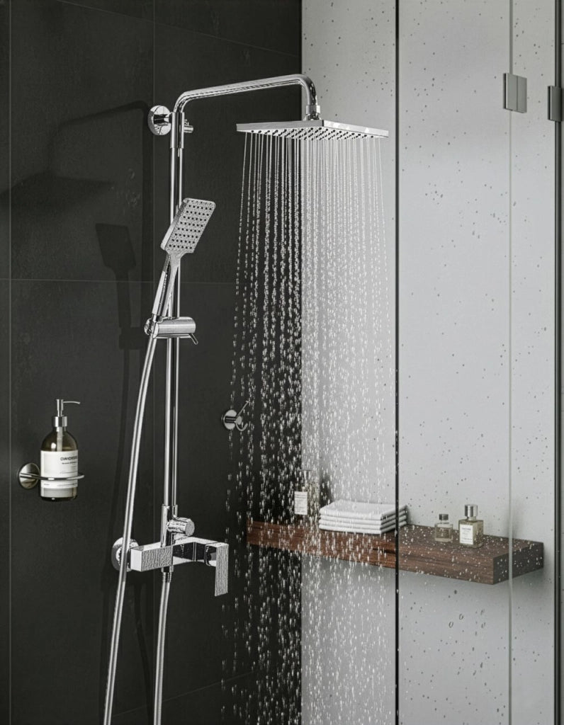 Set doccia con miscelatore in ottone con funzione pioggia a parete argento stile moderno