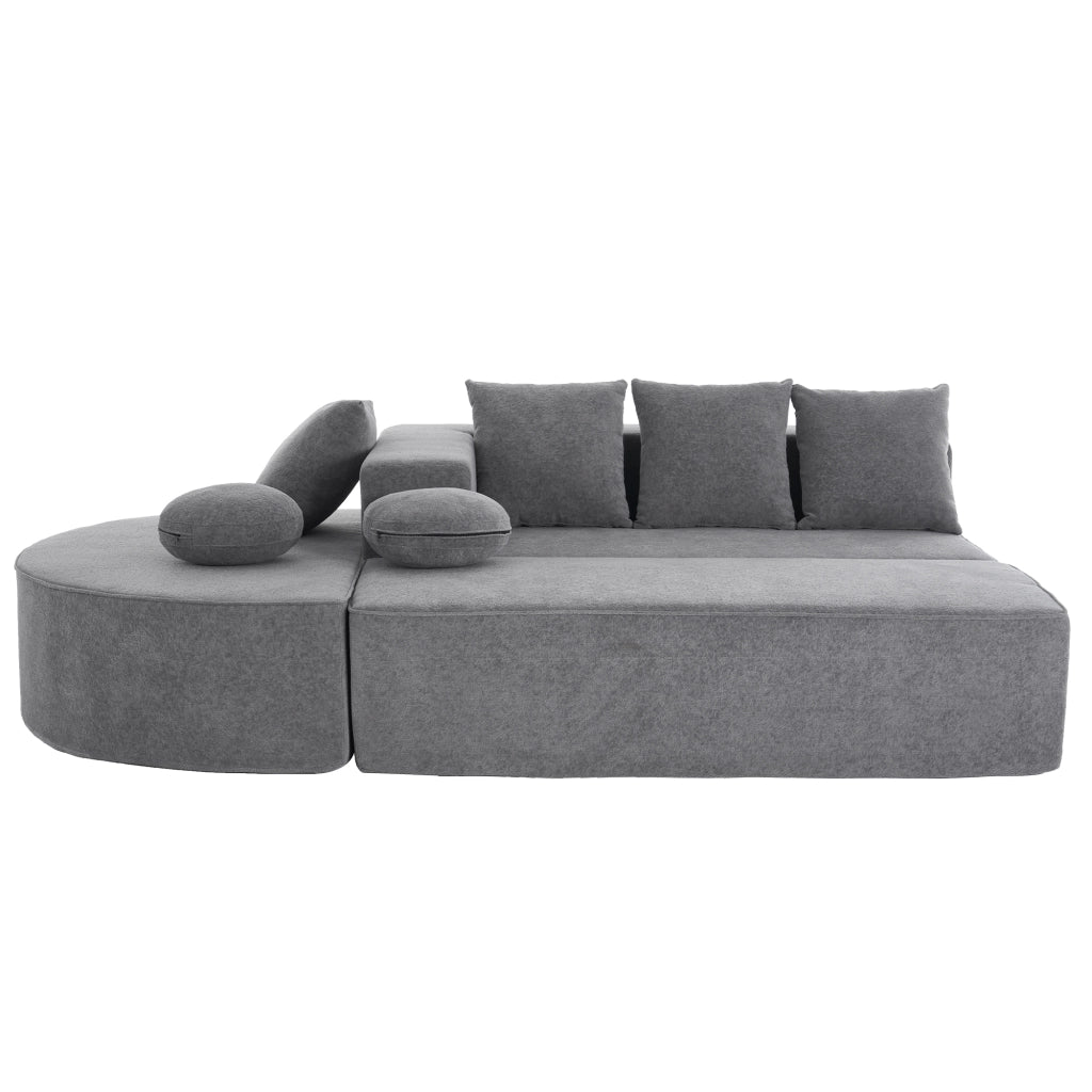 Divano modulare in chenille grigio, struttura in schiuma, componibile, senza montaggio