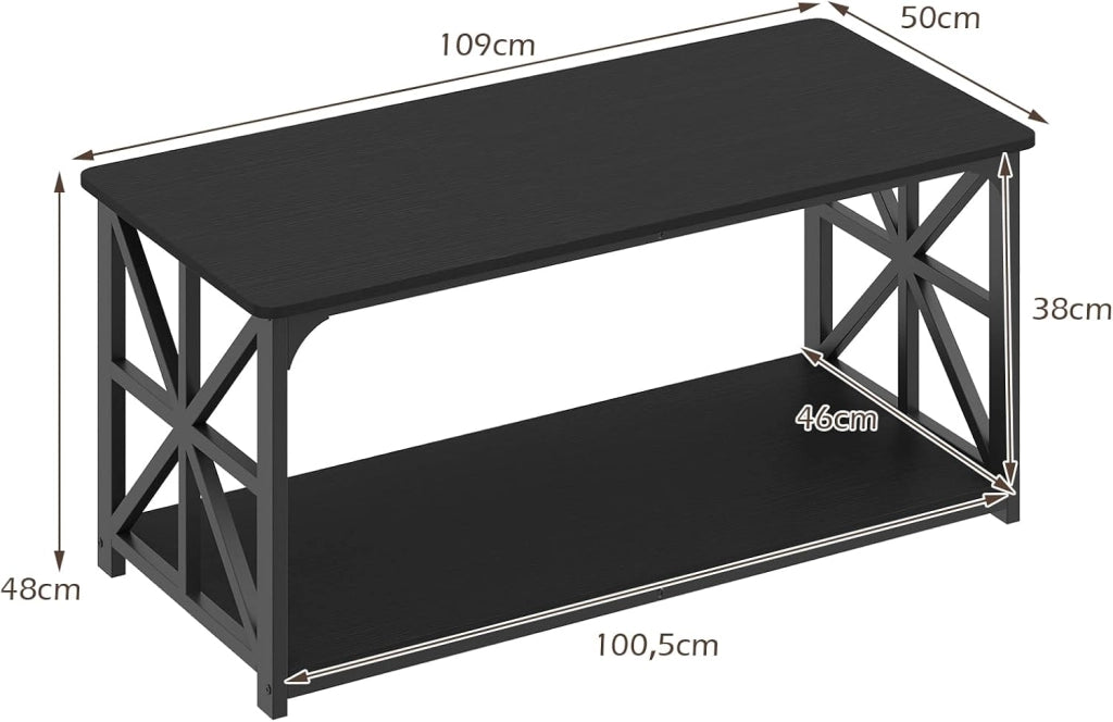Tavolino Salotto a 2 Ripiani, Tavolino da Caffè 109 X 50 X 48 CM, in Legno e Acciaio, con Barre Rinforzate, Carico 100 KG, Stile Moderno, Montaggio Facile, per Soggiorno (Nero)
